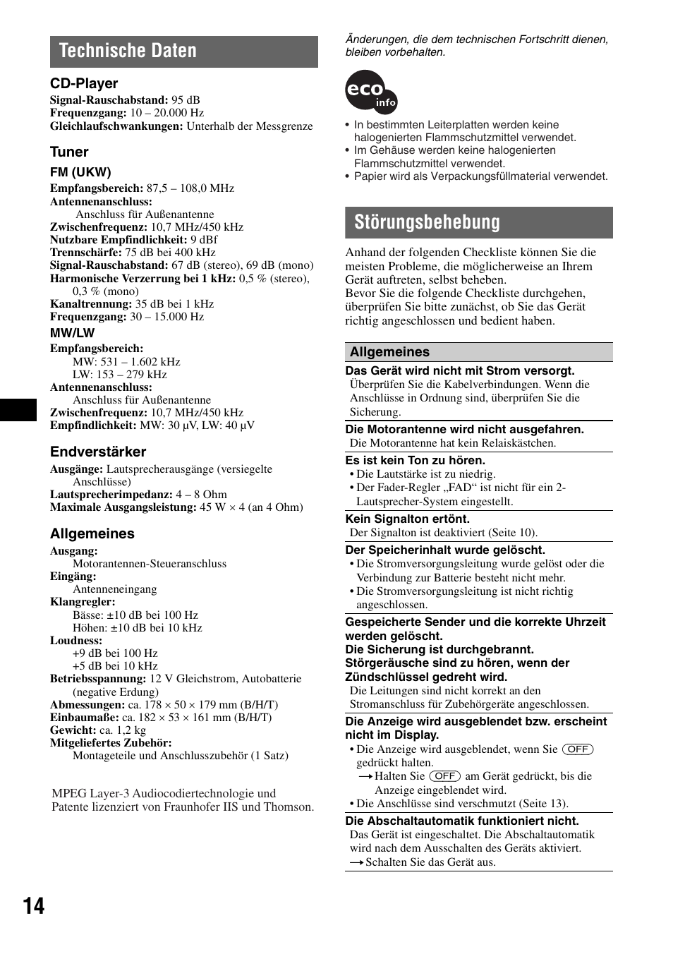 Technische daten, Störungsbehebung, Technische daten störungsbehebung | Sony CDX-GT20 User Manual | Page 28 / 80