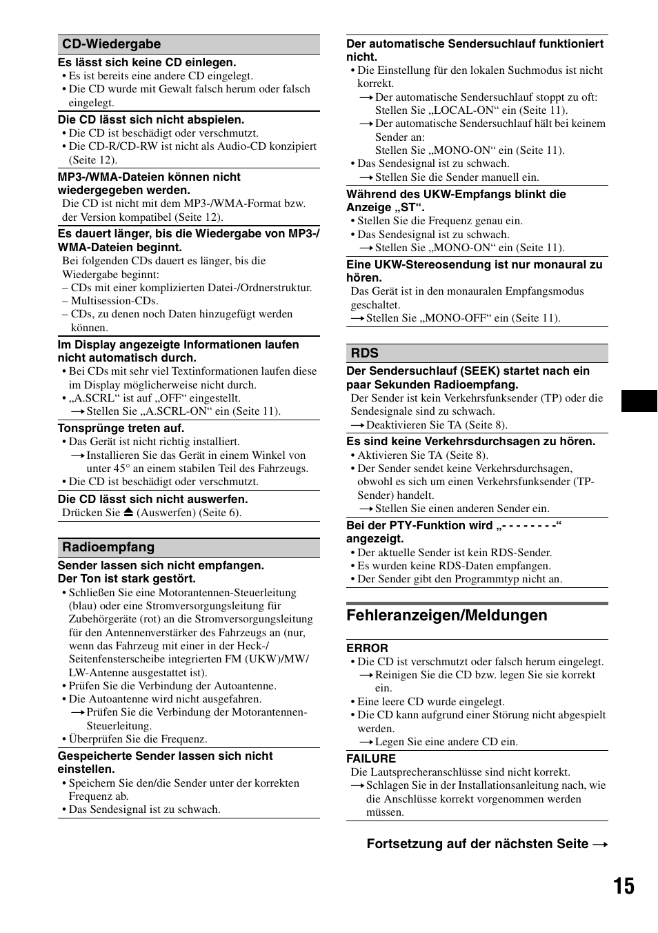 Fehleranzeigen/meldungen | Sony CDX-GT20 User Manual | Page 29 / 80