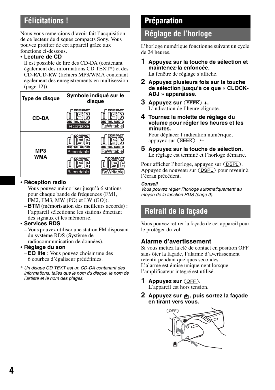 Félicitations, Préparation, Réglage de l’horloge | Retrait de la façade, Réglage de l’horloge retrait de la façade, Préparation réglage de l’horloge | Sony CDX-GT20 User Manual | Page 34 / 80