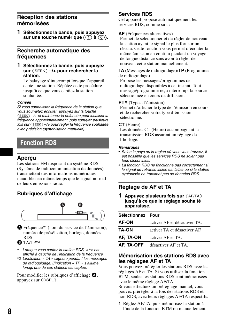 Réception des stations mémorisées, Recherche automatique des fréquences, Fonction rds | Aperçu, Réglage de af et ta, Aperçu réglage de af et ta | Sony CDX-GT20 User Manual | Page 38 / 80