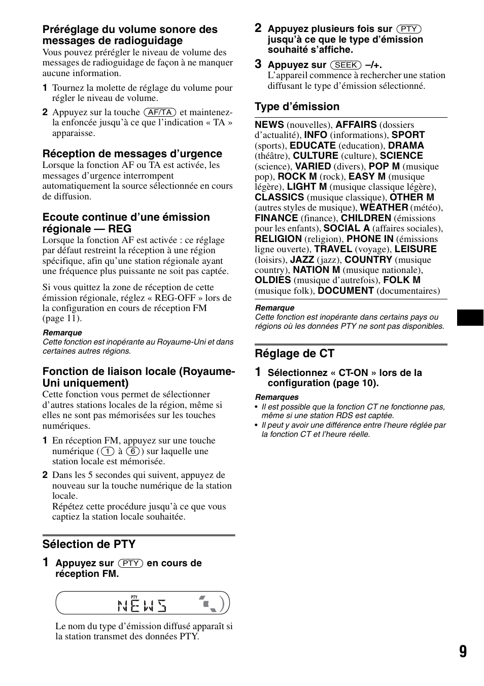 Sélection de pty, Réglage de ct, Sélection de pty réglage de ct | Sony CDX-GT20 User Manual | Page 39 / 80