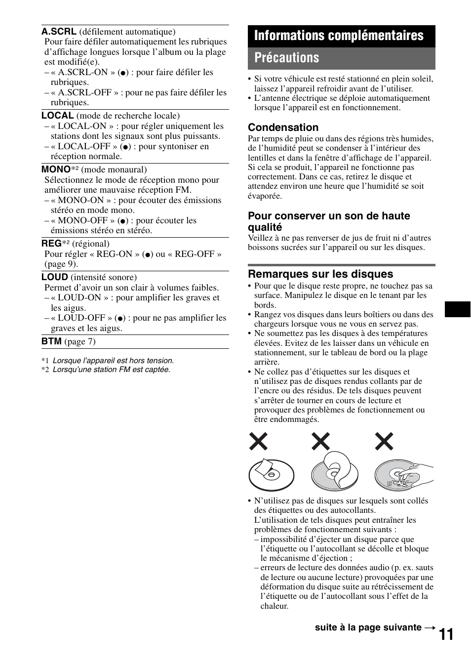 Informations complémentaires, Précautions, Remarques sur les disques | Informations complémentaires précautions | Sony CDX-GT20 User Manual | Page 41 / 80
