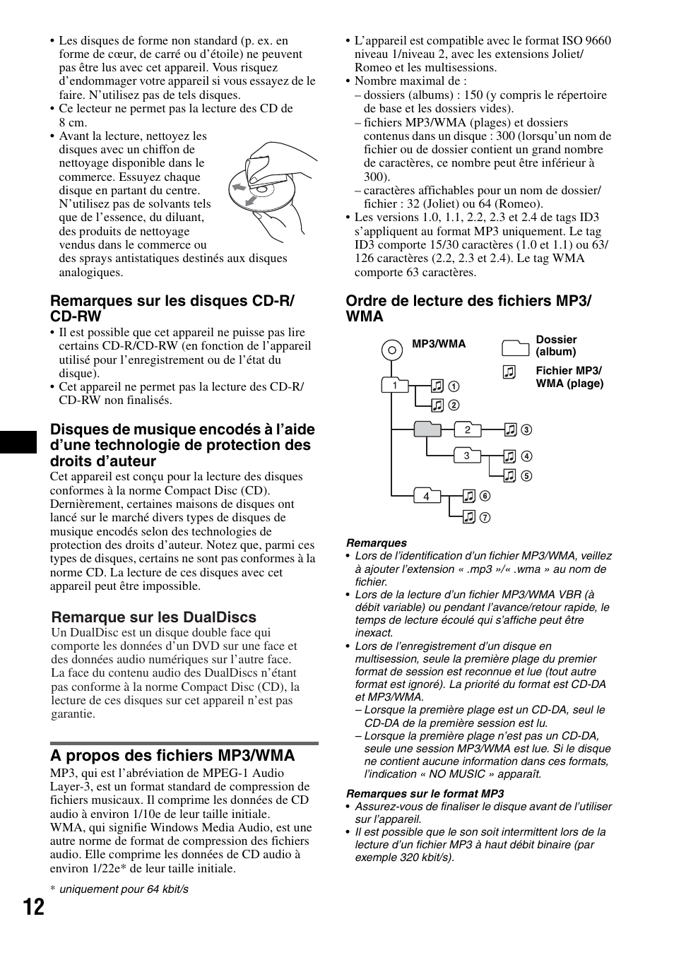 A propos des fichiers mp3/wma, Remarques sur les disques cd-r/ cd-rw, Ordre de lecture des fichiers mp3/ wma | Remarque sur les dualdiscs | Sony CDX-GT20 User Manual | Page 42 / 80