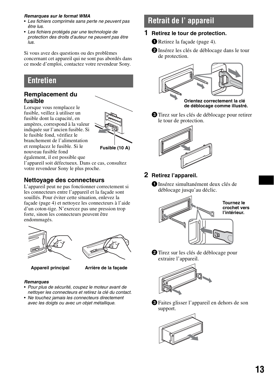Entretien, Retrait de l’ appareil, Entretien retrait de l’ appareil | Sony CDX-GT20 User Manual | Page 43 / 80