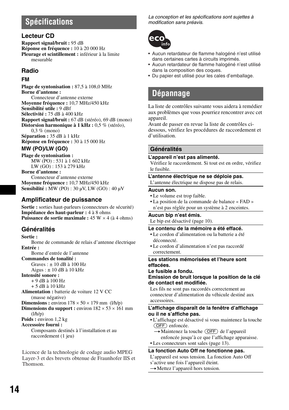 Spécifications, Dépannage, Spécifications dépannage | Sony CDX-GT20 User Manual | Page 44 / 80