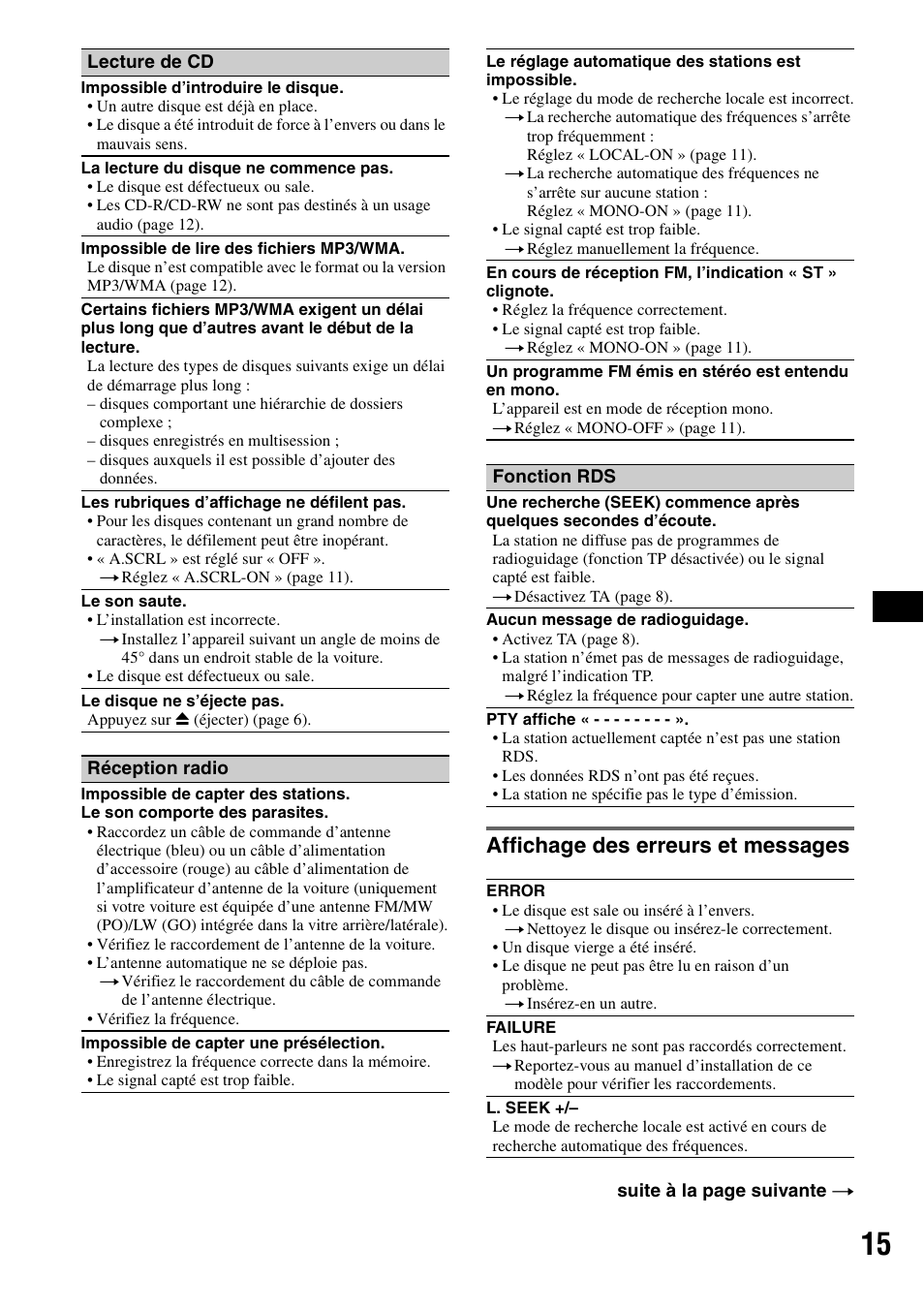 Affichage des erreurs et messages | Sony CDX-GT20 User Manual | Page 45 / 80