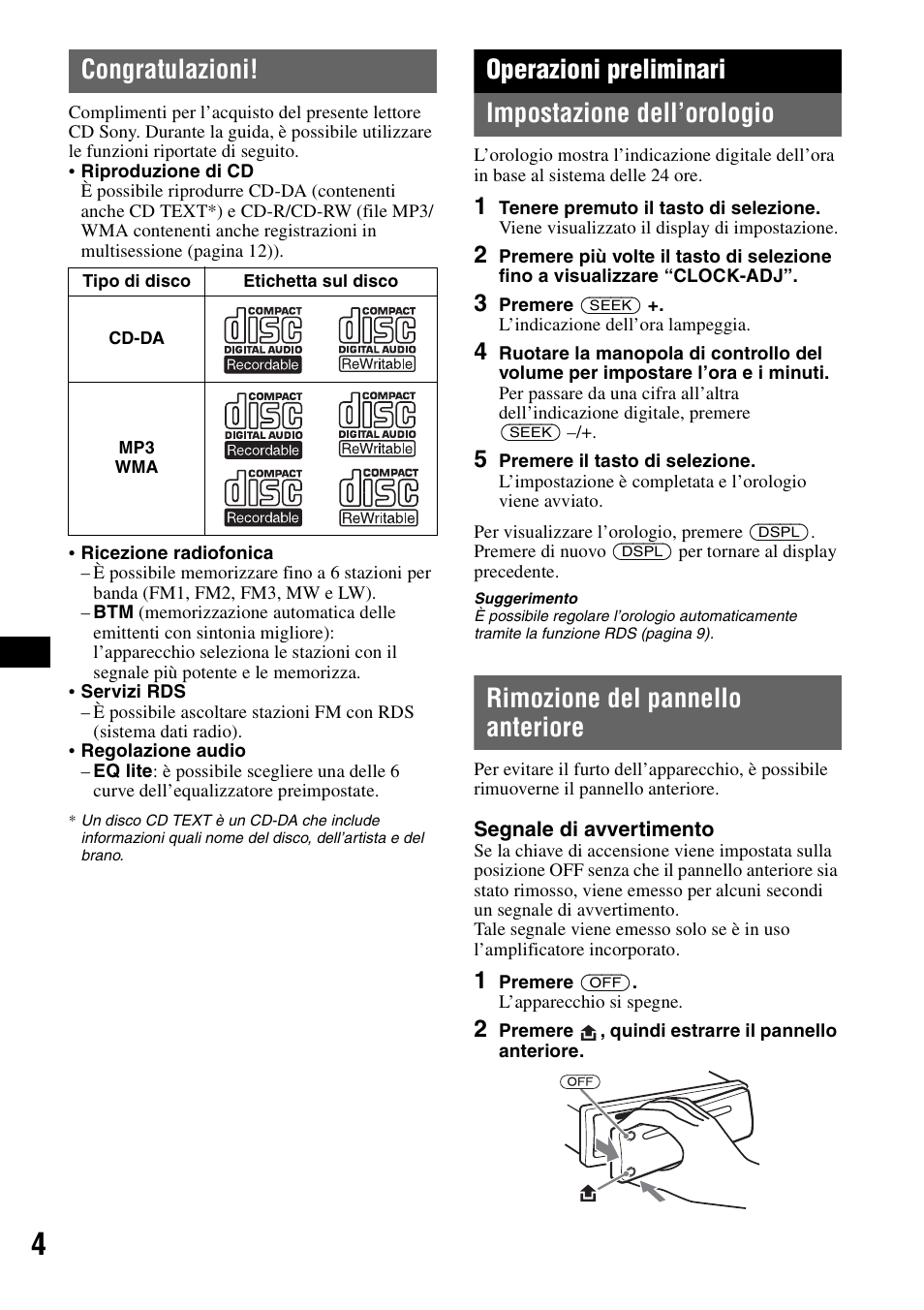 Congratulazioni, Operazioni preliminari, Impostazione dell’orologio | Rimozione del pannello anteriore, Operazioni preliminari impostazione dell’orologio | Sony CDX-GT20 User Manual | Page 50 / 80