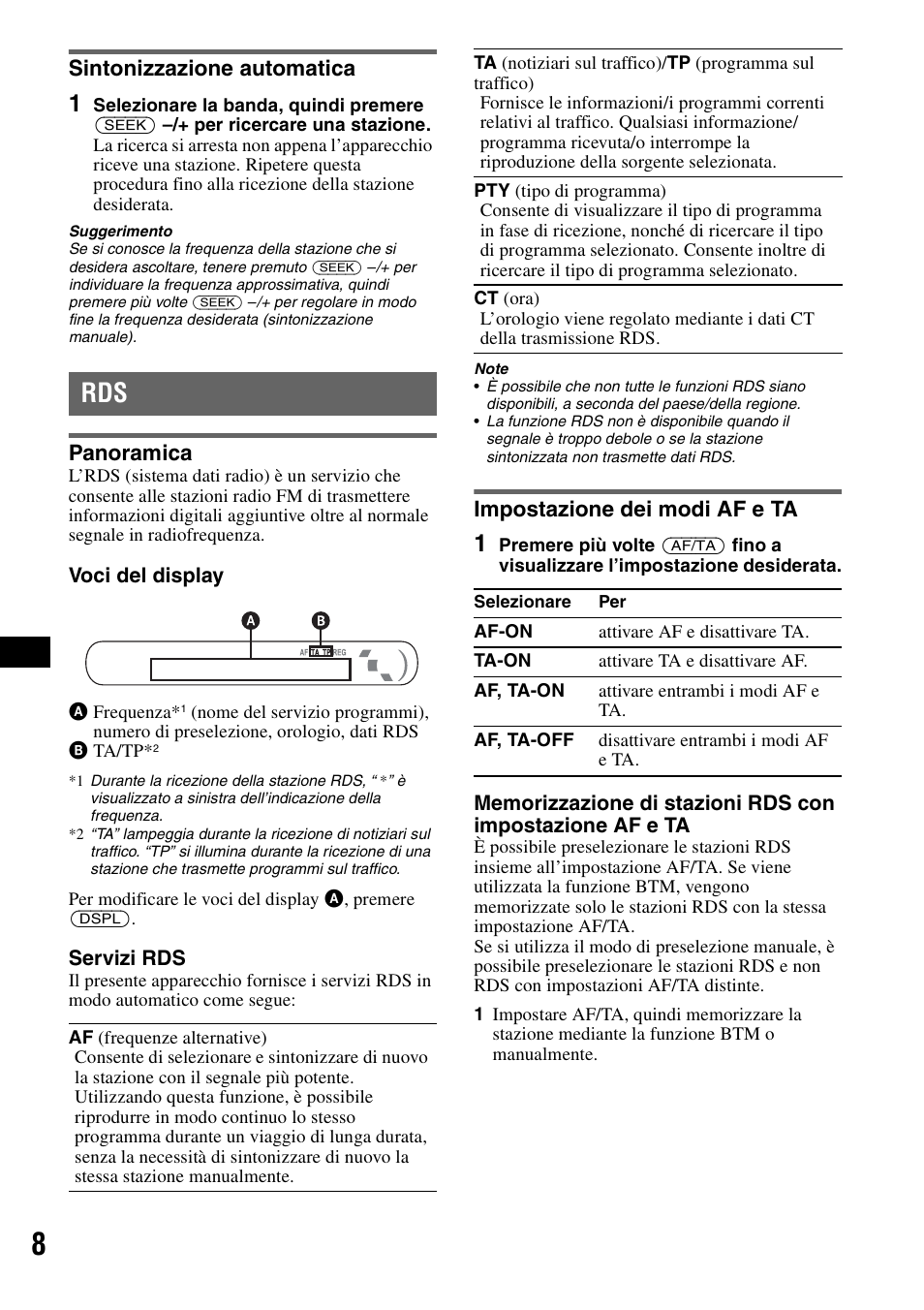 Sintonizzazione automatica, Panoramica, Impostazione dei modi af e ta | Panoramica impostazione dei modi af e ta | Sony CDX-GT20 User Manual | Page 54 / 80