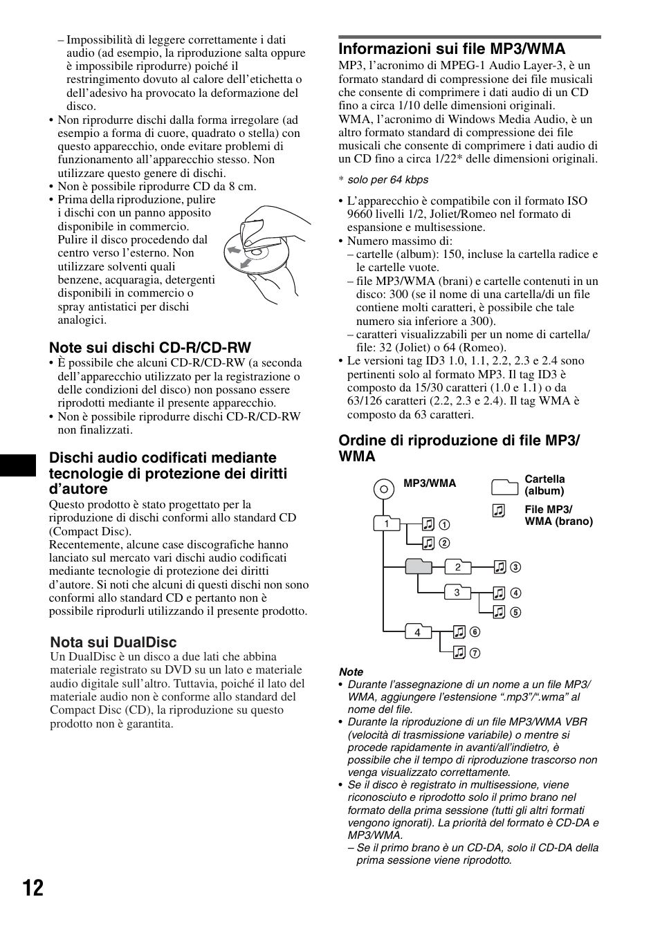 Informazioni sui file mp3/wma, Ordine di riproduzione di file mp3/ wma, Nota sui dualdisc | Sony CDX-GT20 User Manual | Page 58 / 80
