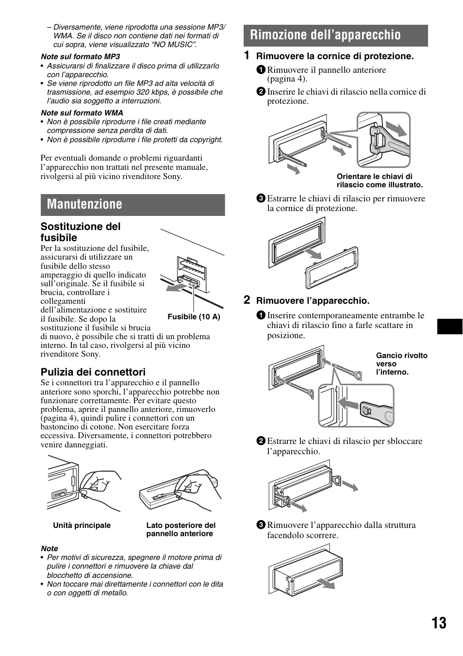 Manutenzione, Rimozione dell’apparecchio, Manutenzione rimozione dell’apparecchio | Sony CDX-GT20 User Manual | Page 59 / 80