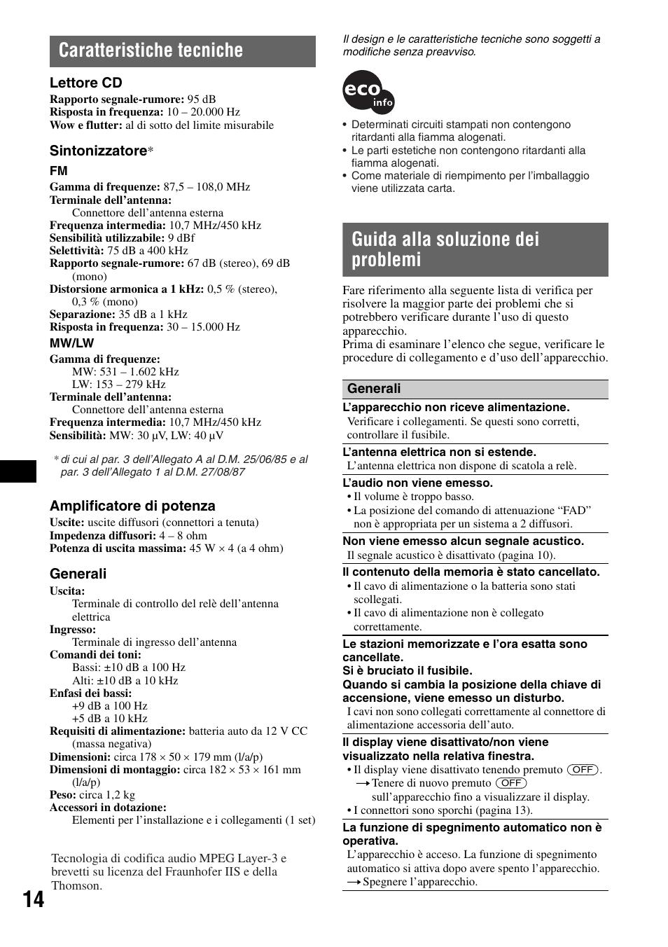 Caratteristiche tecniche, Guida alla soluzione dei problemi | Sony CDX-GT20 User Manual | Page 60 / 80