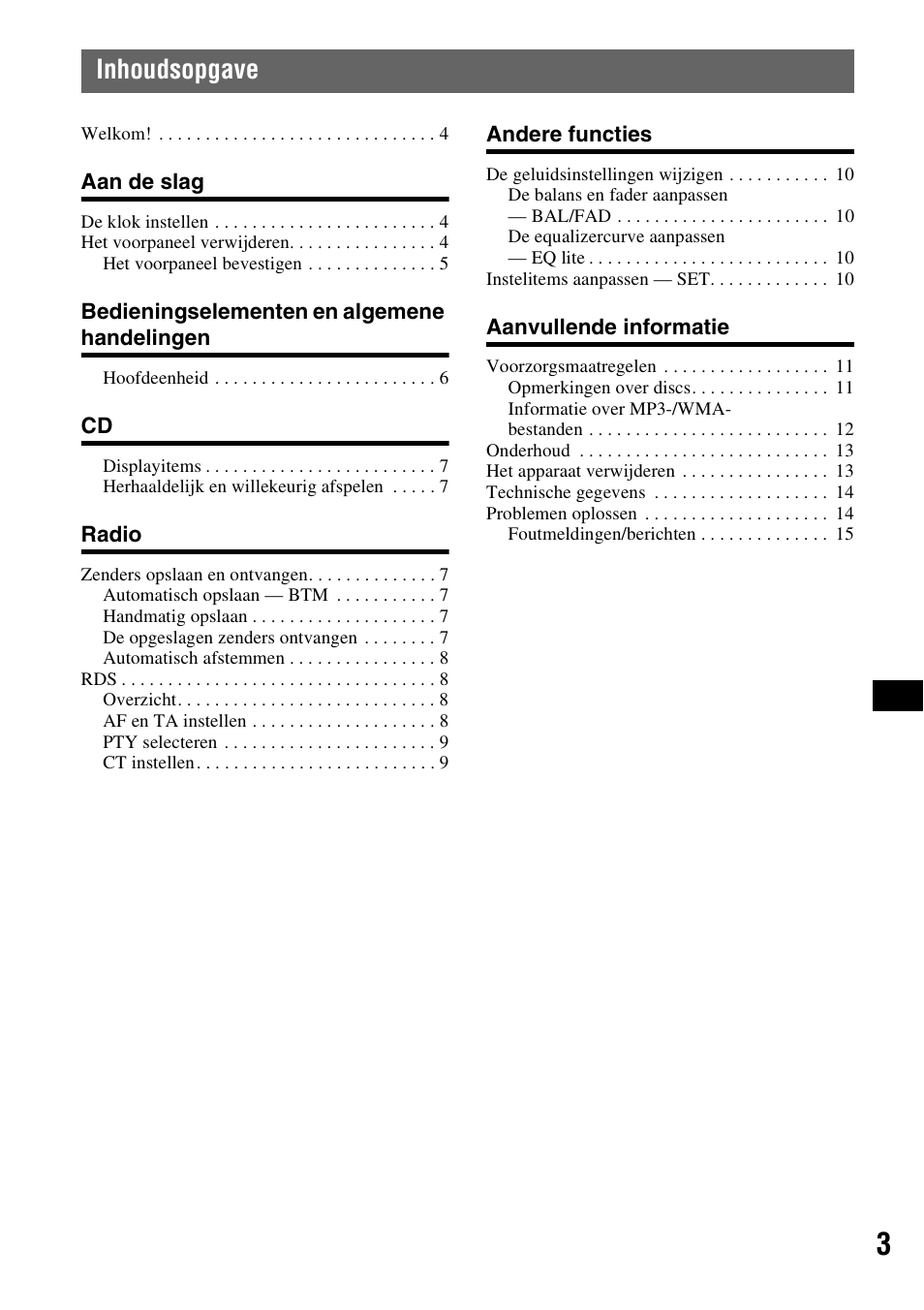 Inhoudsopgave | Sony CDX-GT20 User Manual | Page 65 / 80