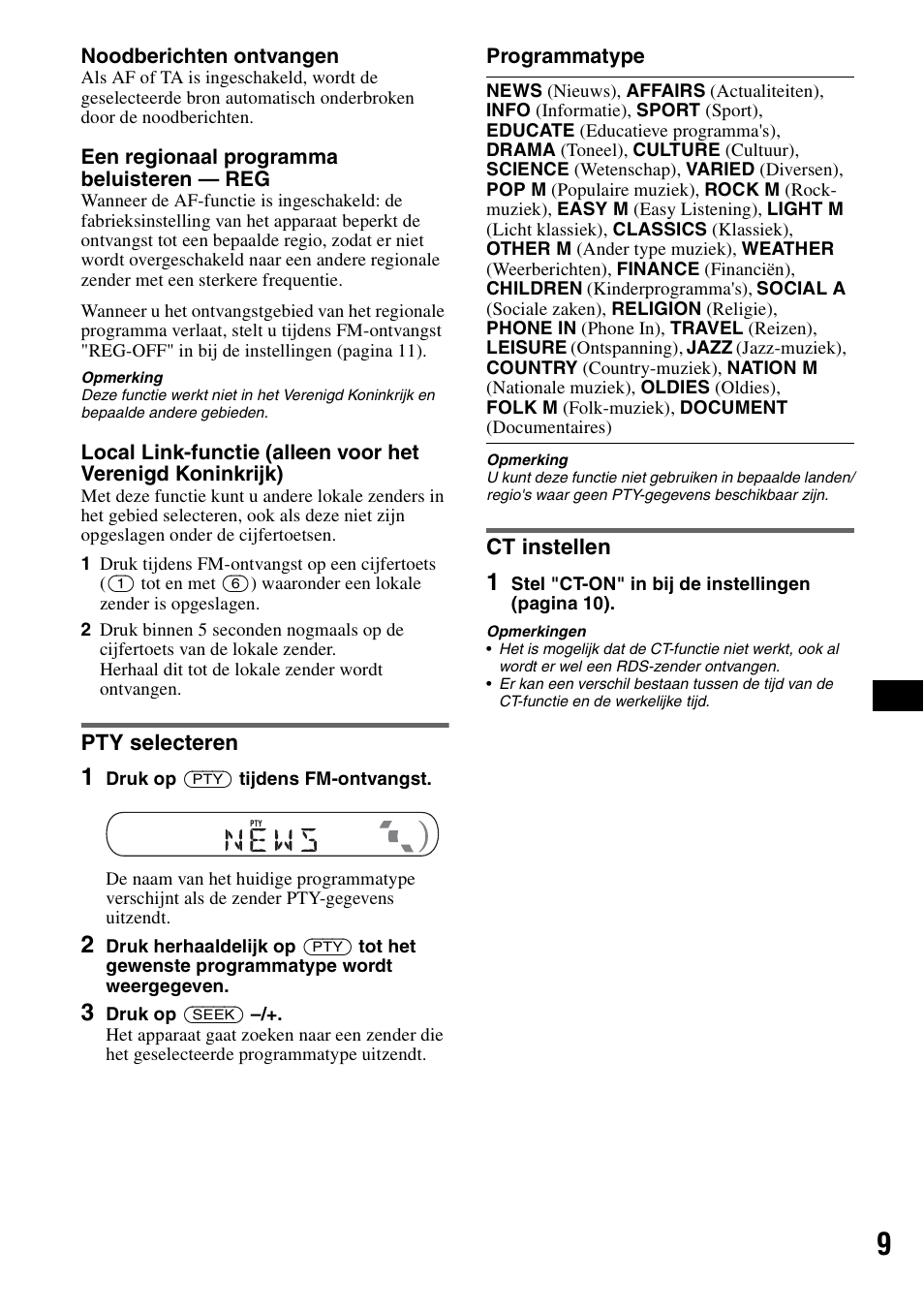 Pty selecteren, Ct instellen, Pty selecteren ct instellen | Sony CDX-GT20 User Manual | Page 71 / 80