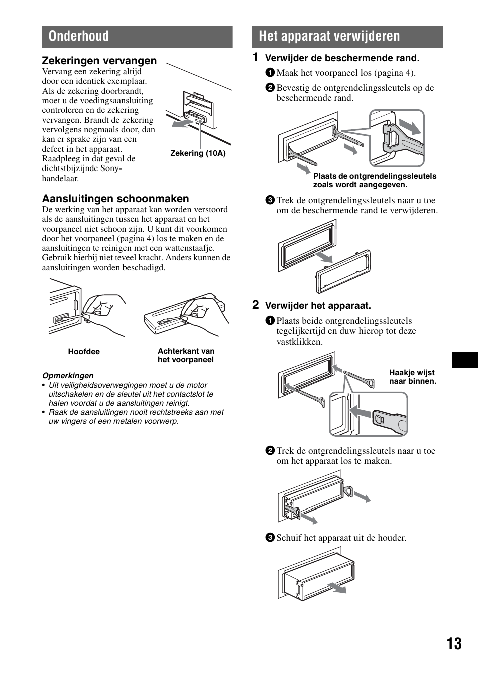 Onderhoud, Het apparaat verwijderen, Onderhoud het apparaat verwijderen | Sony CDX-GT20 User Manual | Page 75 / 80