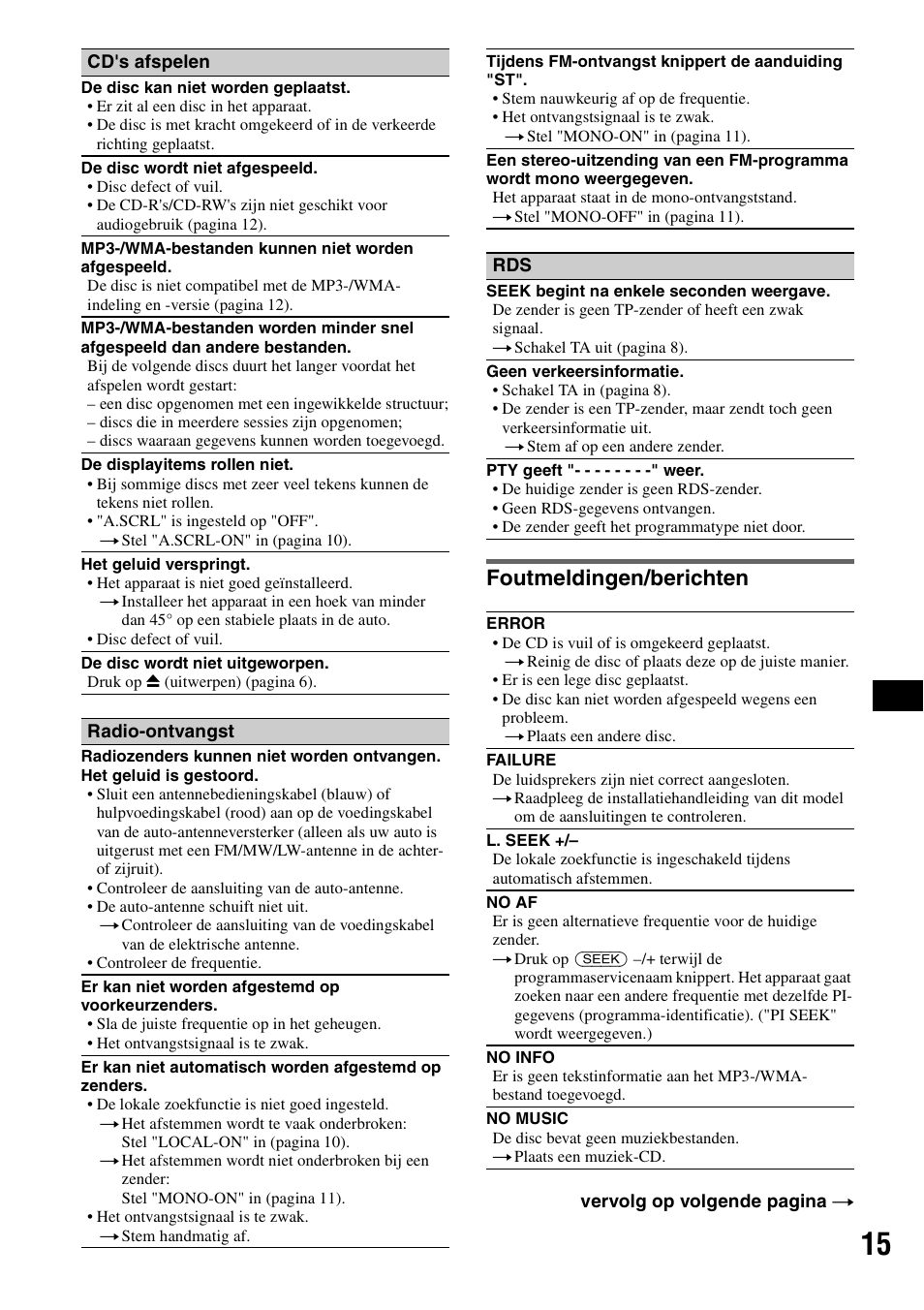 Foutmeldingen/berichten | Sony CDX-GT20 User Manual | Page 77 / 80