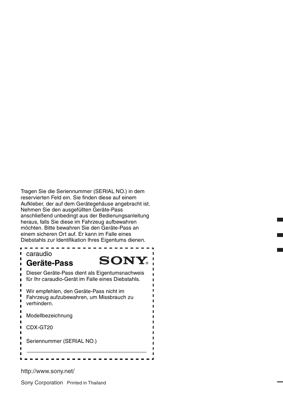 Geräte-pass, Caraudio | Sony CDX-GT20 User Manual | Page 80 / 80