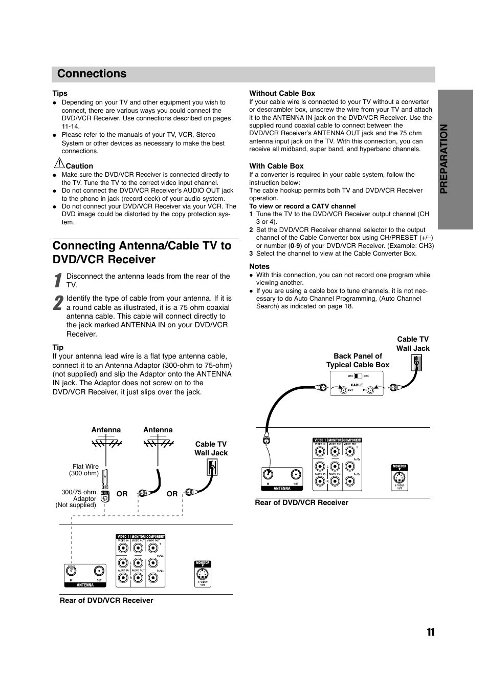 Connections, Connecting antenna/cable tv to dvd/vcr receiver, 11 prep ara tion | Sony HT-V600DP User Manual | Page 11 / 48
