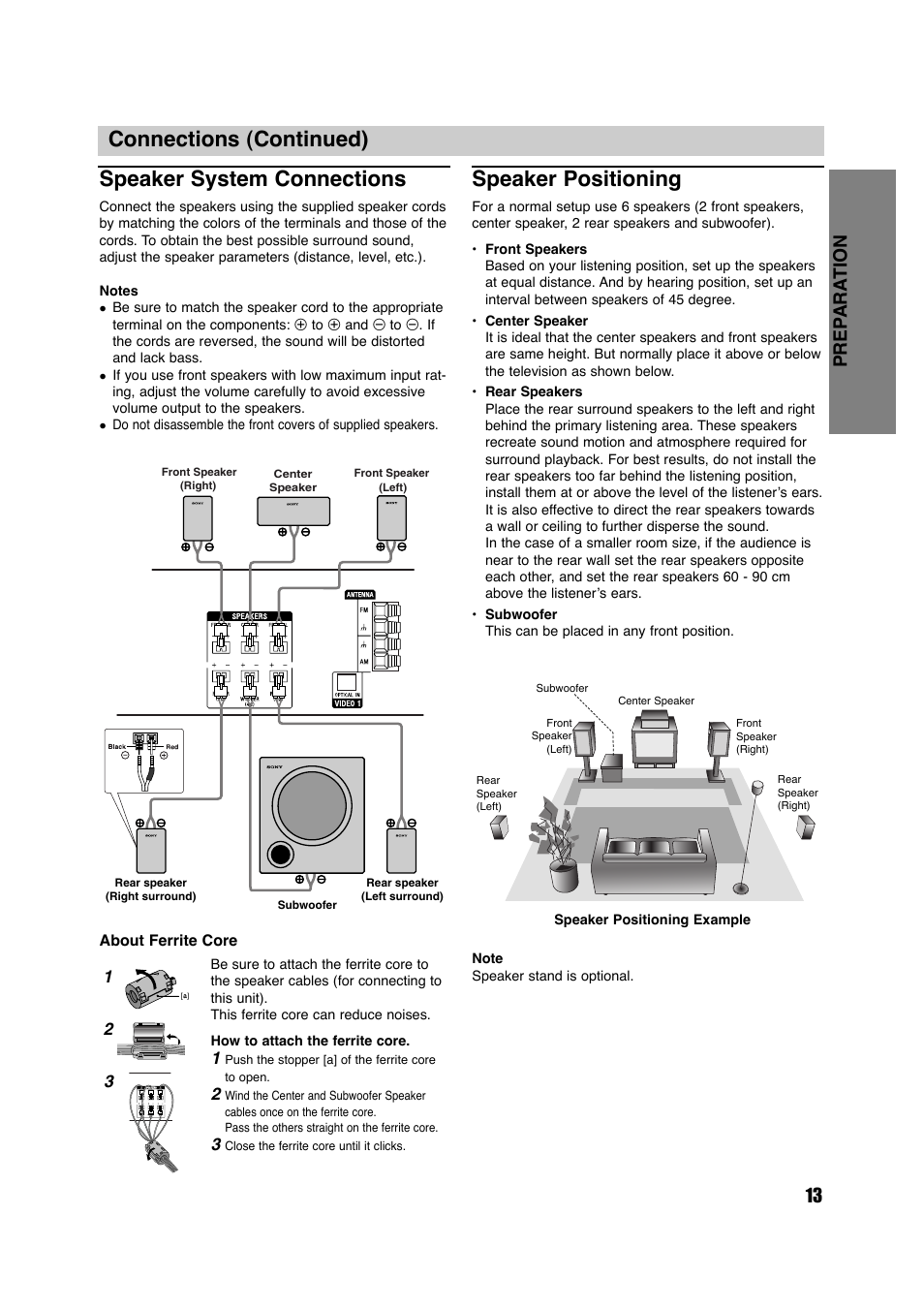 Connections (continued) speaker system connections, Speaker positioning, 13 prep ara tion | Sony HT-V600DP User Manual | Page 13 / 48