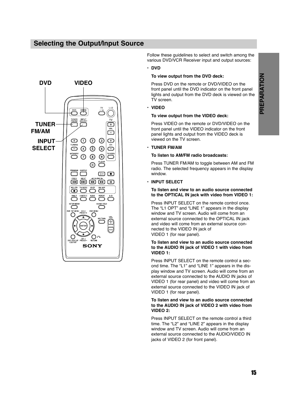 Selecting the output/input source | Sony HT-V600DP User Manual | Page 15 / 48