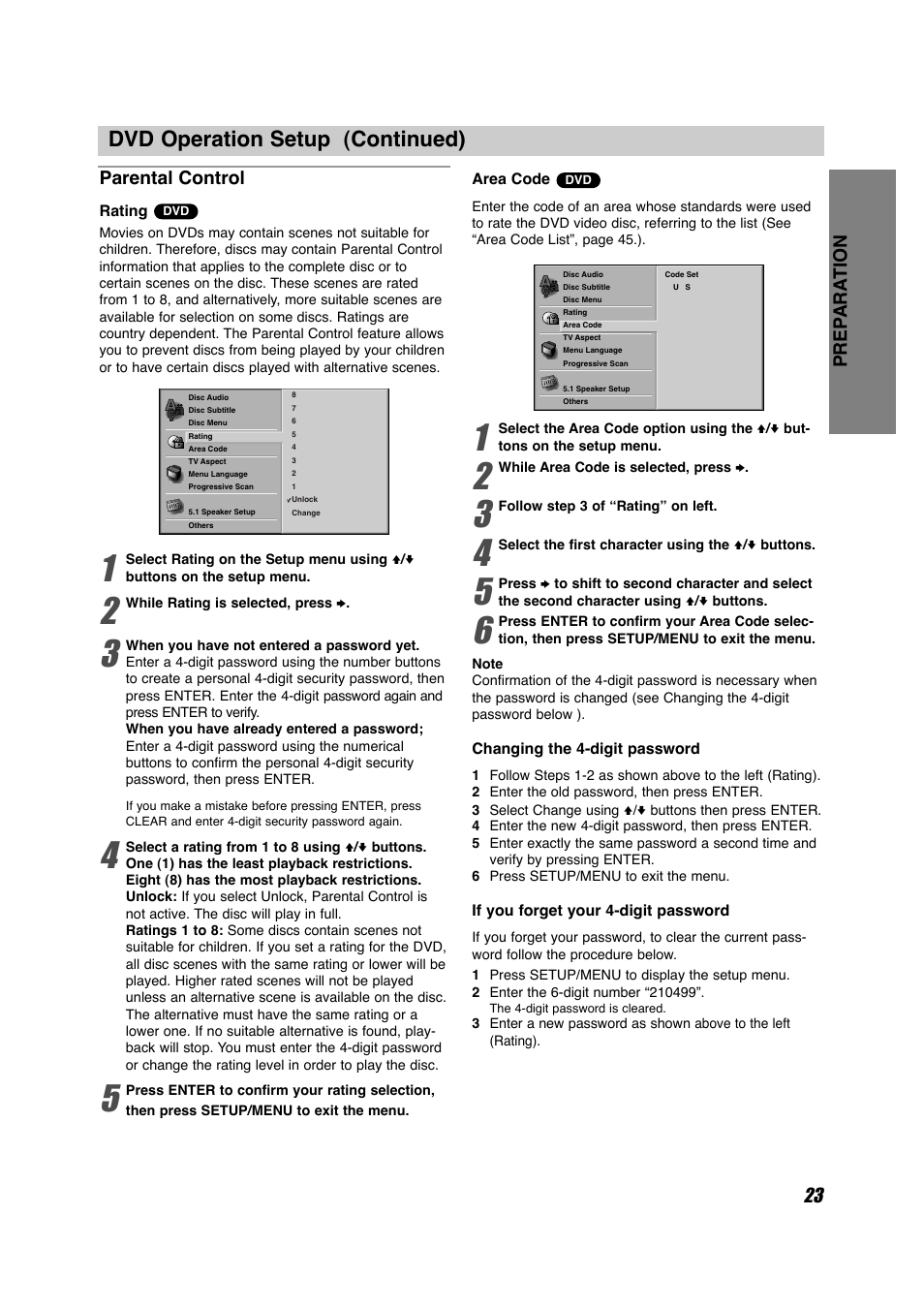 Dvd operation setup (continued), 23 prep ara tion, Parental control | Sony HT-V600DP User Manual | Page 23 / 48