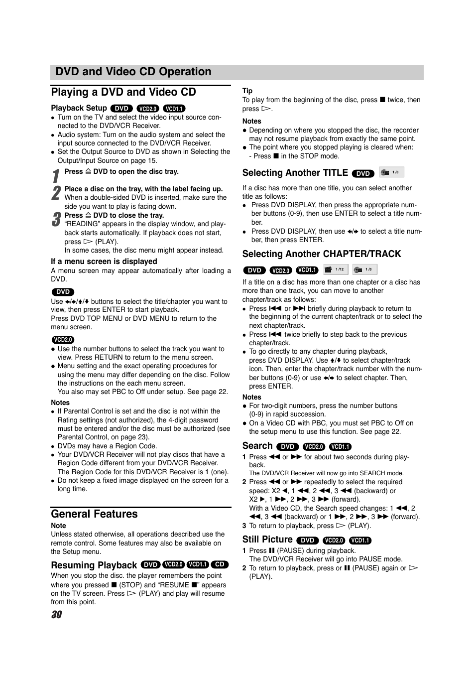 General features, Resuming playback, Selecting another title | Selecting another chapter/track, Search, Still picture | Sony HT-V600DP User Manual | Page 30 / 48
