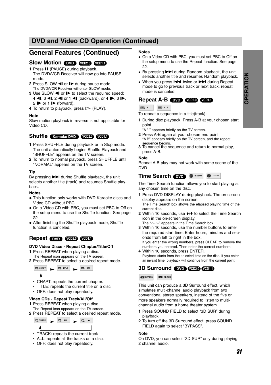 31 opera tion, Slow motion, Shuffle | Repeat, Repeat a-b, Time search, 3d surround | Sony HT-V600DP User Manual | Page 31 / 48