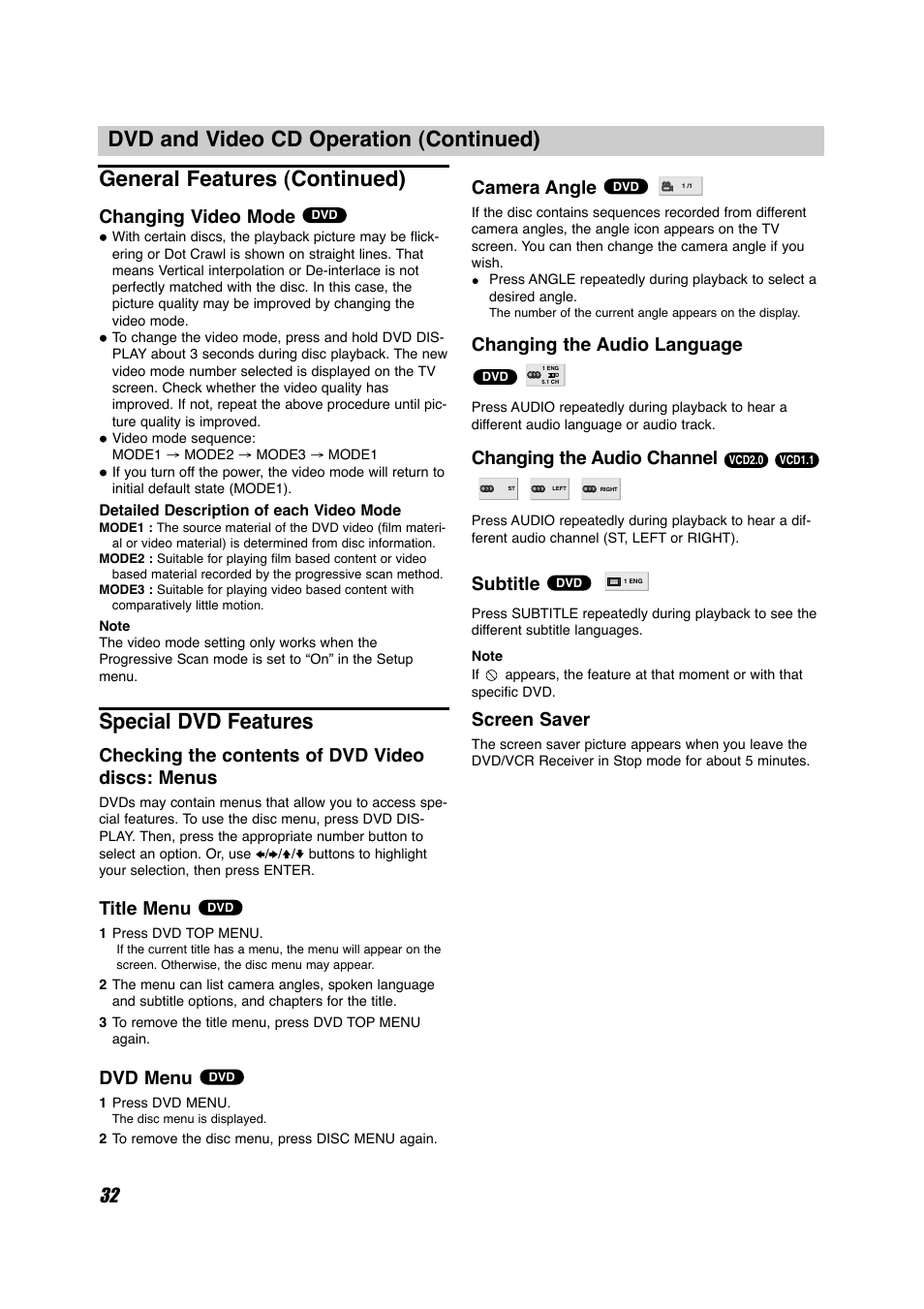 Special dvd features, Changing video mode, Checking the contents of dvd video discs: menus | Title menu, Dvd menu, Camera angle, Changing the audio language, Changing the audio channel, Subtitle, Screen saver | Sony HT-V600DP User Manual | Page 32 / 48