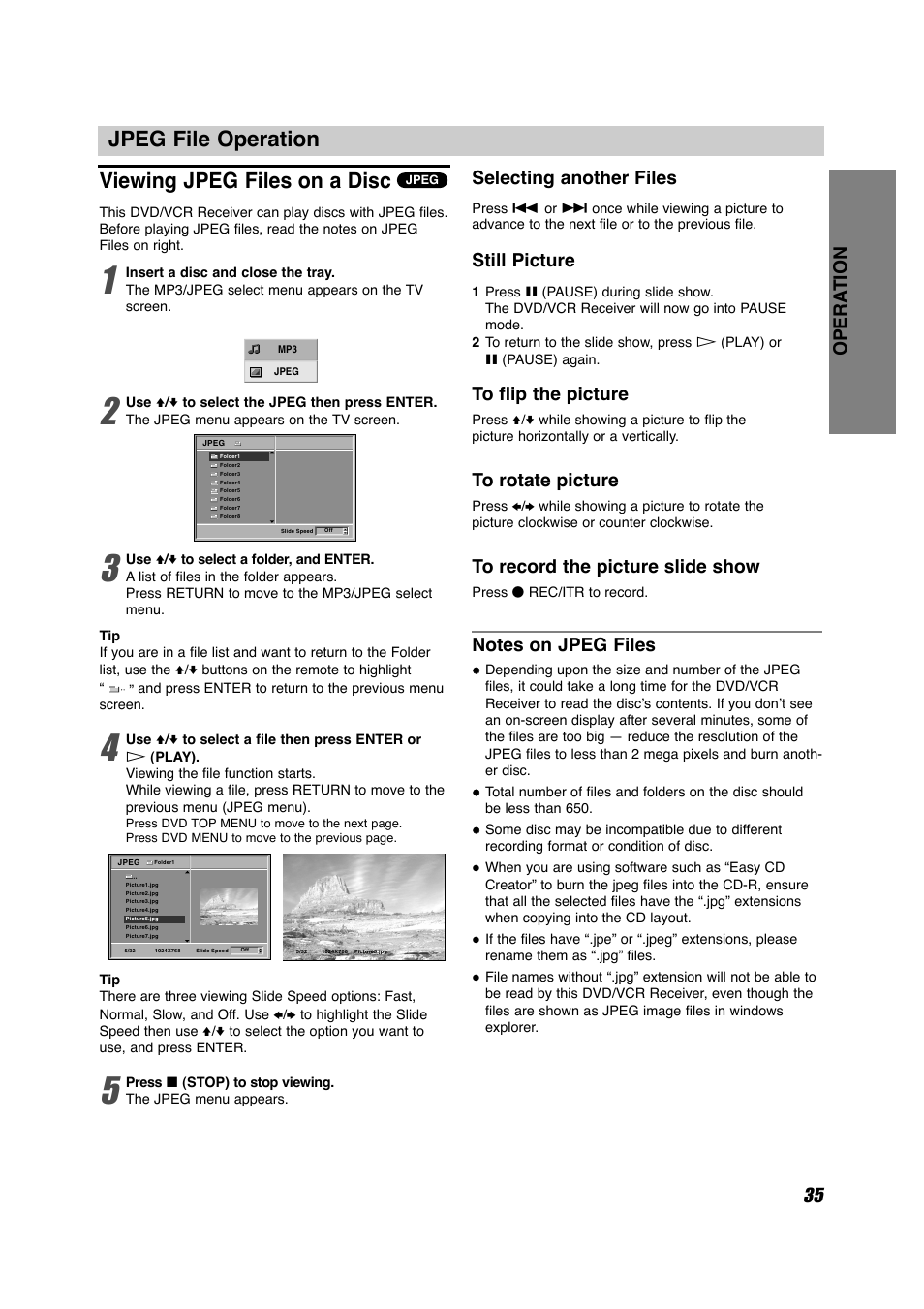 Jpeg file operation, Viewing jpeg files on a disc, Opera tion | Selecting another files, Still picture | Sony HT-V600DP User Manual | Page 35 / 48