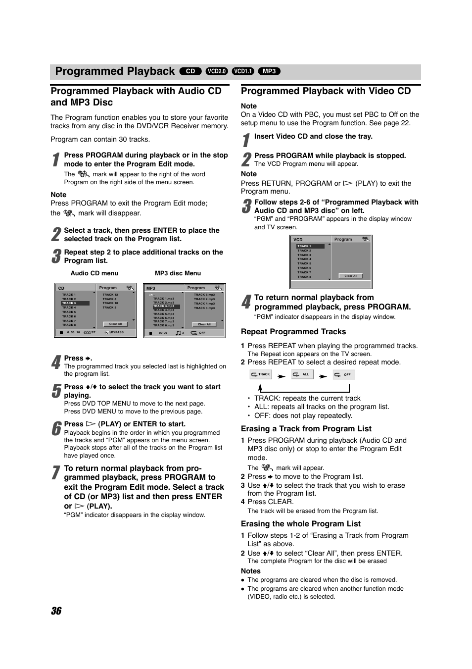 Programmed playback, Programmed playback with audio cd and mp3 disc, Programmed playback with video cd | Sony HT-V600DP User Manual | Page 36 / 48
