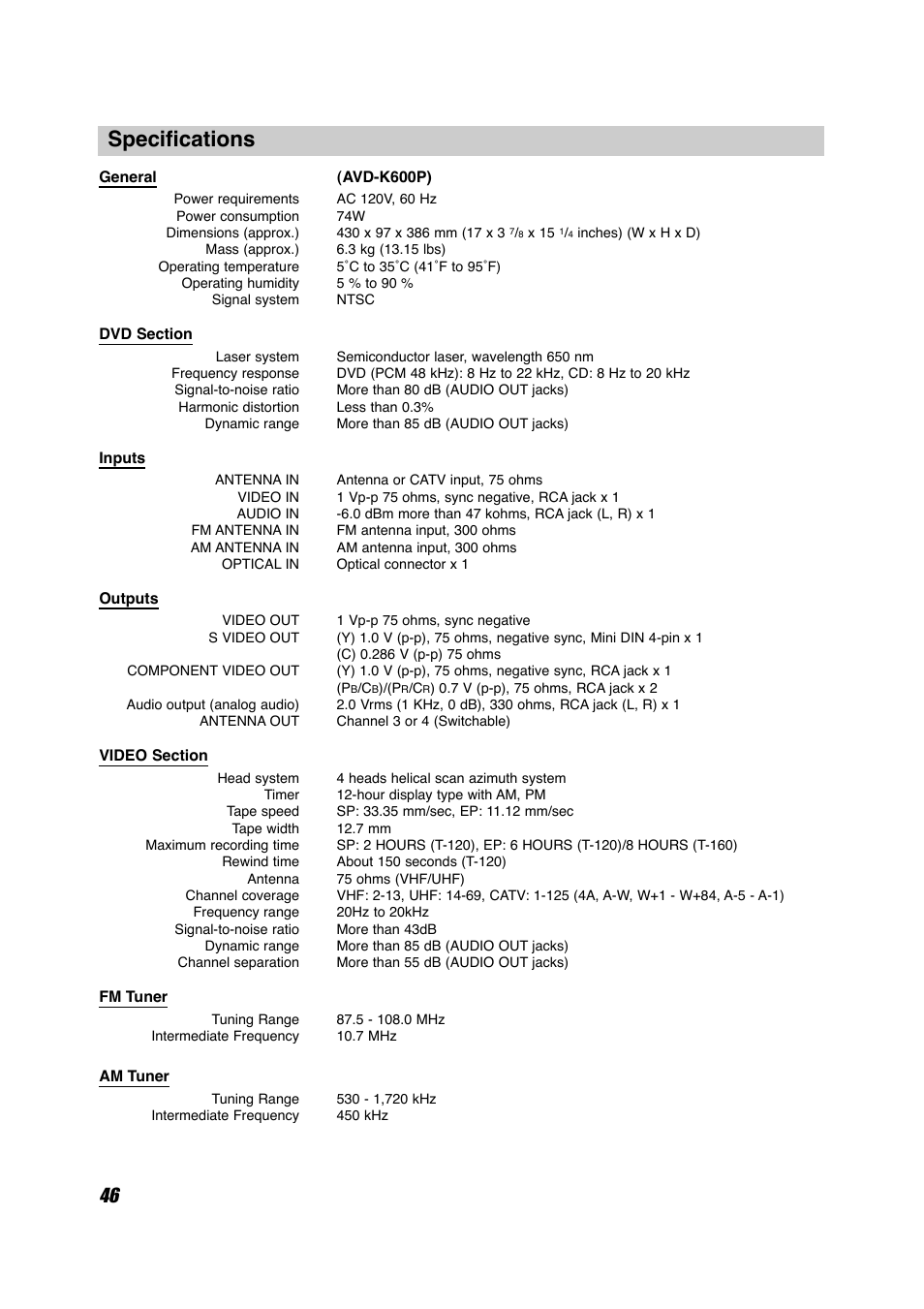 Specifications | Sony HT-V600DP User Manual | Page 46 / 48