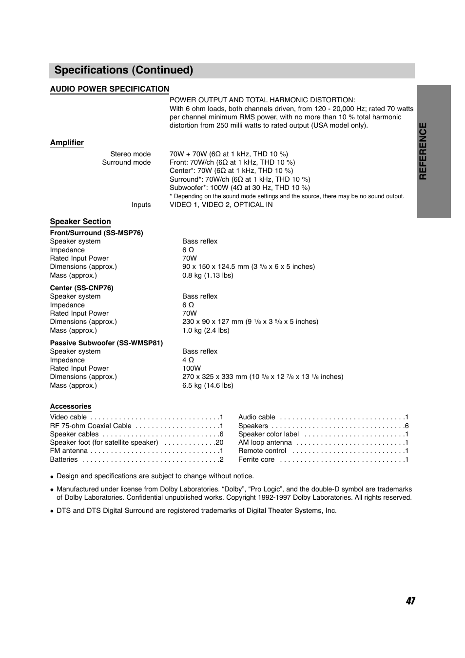 Specifications (continued), 47 reference | Sony HT-V600DP User Manual | Page 47 / 48