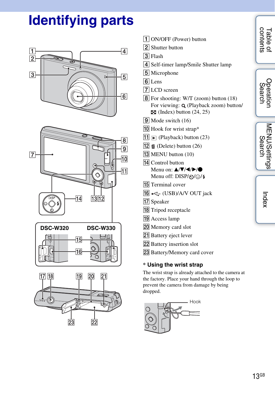 Identifying parts | Sony DSC-W330 User Manual | Page 13 / 104