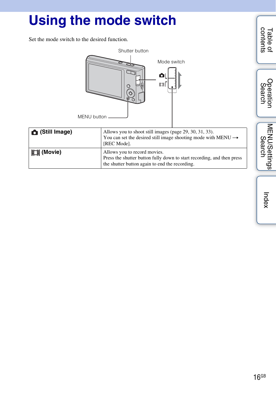 Using the mode switch, H (16) | Sony DSC-W330 User Manual | Page 16 / 104