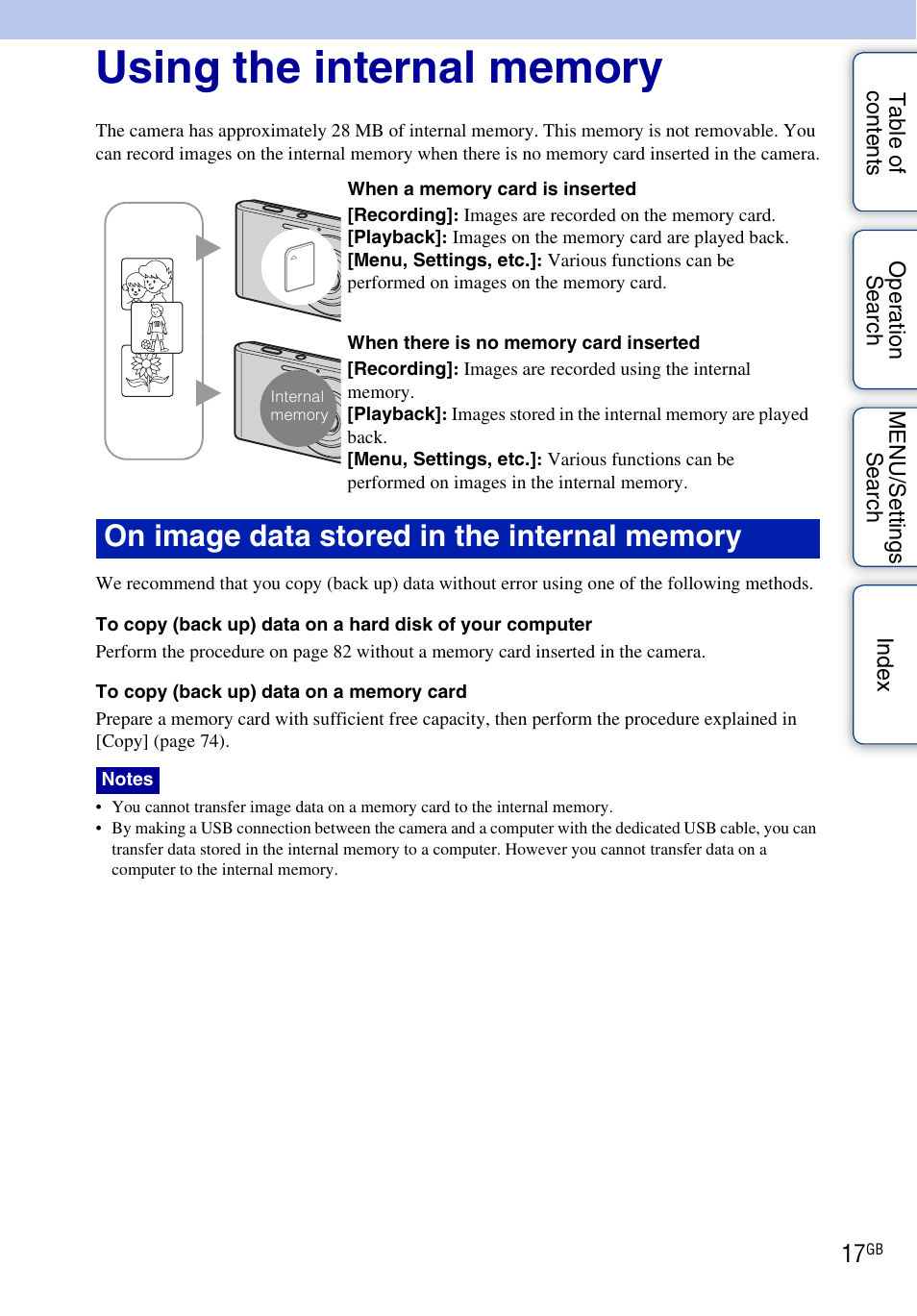 Using the internal memory | Sony DSC-W330 User Manual | Page 17 / 104