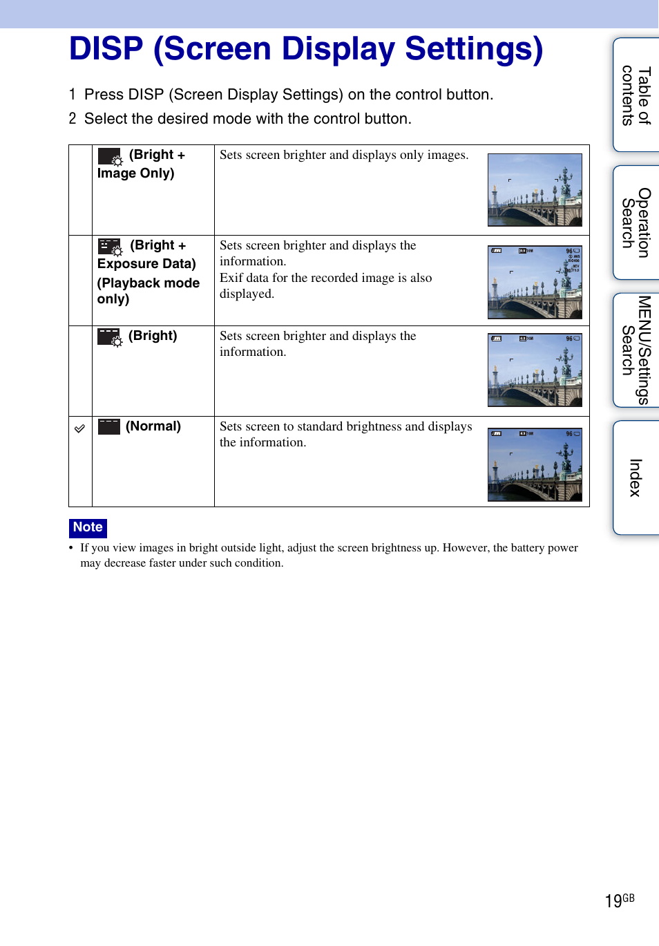 Disp (screen display settings) | Sony DSC-W330 User Manual | Page 19 / 104