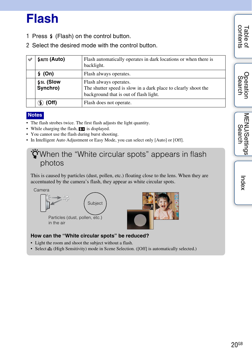Flash | Sony DSC-W330 User Manual | Page 20 / 104