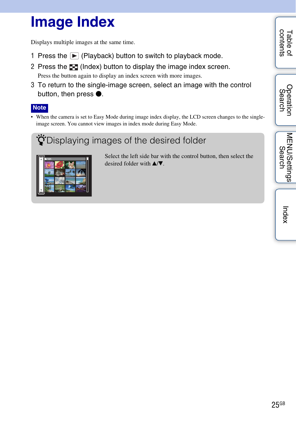 Image index, Displaying images of the desired folder | Sony DSC-W330 User Manual | Page 25 / 104
