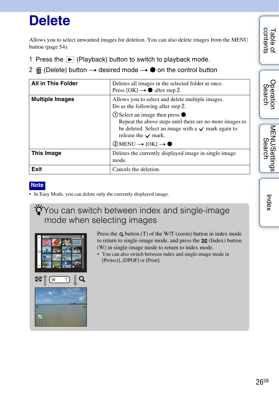 Delete | Sony DSC-W330 User Manual | Page 26 / 104