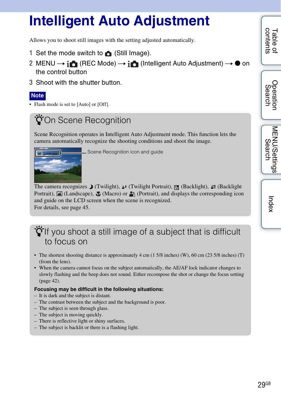 Intelligent auto adjustment, On scene recognition | Sony DSC-W330 User Manual | Page 29 / 104