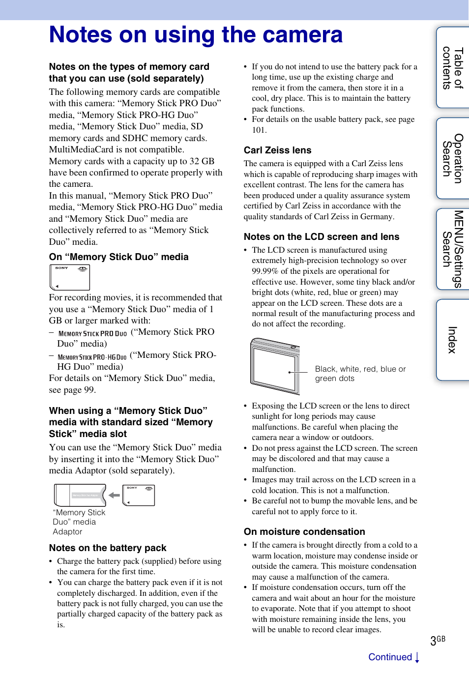 Notes on using the camera | Sony DSC-W330 User Manual | Page 3 / 104