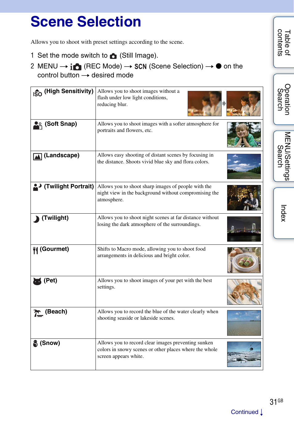 Scene selection | Sony DSC-W330 User Manual | Page 31 / 104