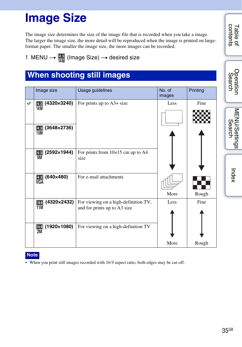 Image size, When shooting still images | Sony DSC-W330 User Manual | Page 35 / 104