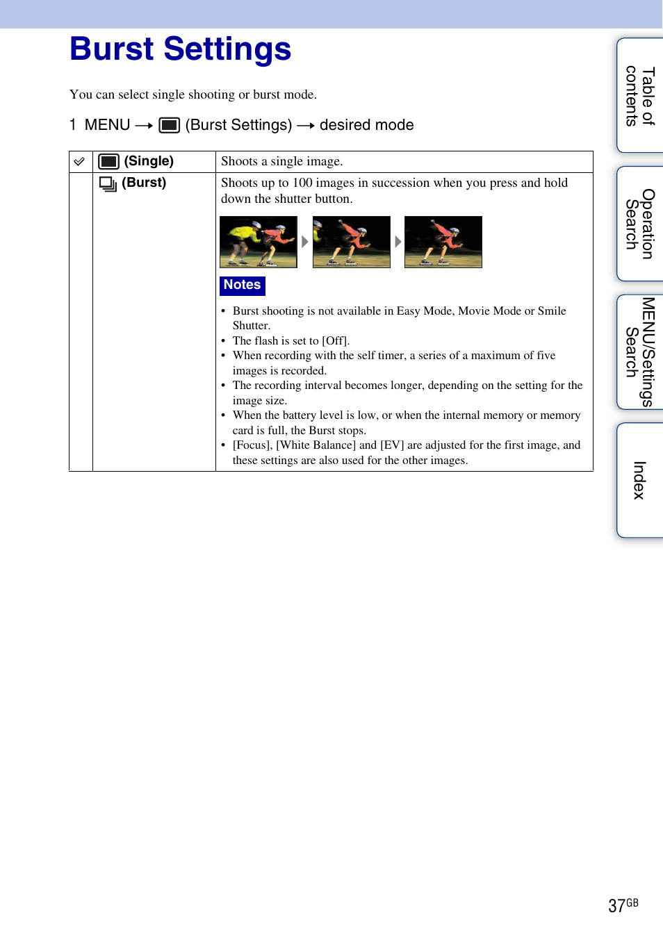 Burst settings | Sony DSC-W330 User Manual | Page 37 / 104