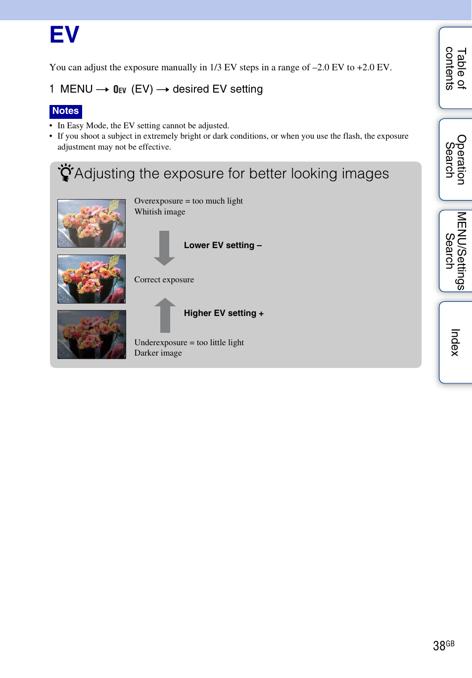 Adjusting the exposure for better looking images | Sony DSC-W330 User Manual | Page 38 / 104