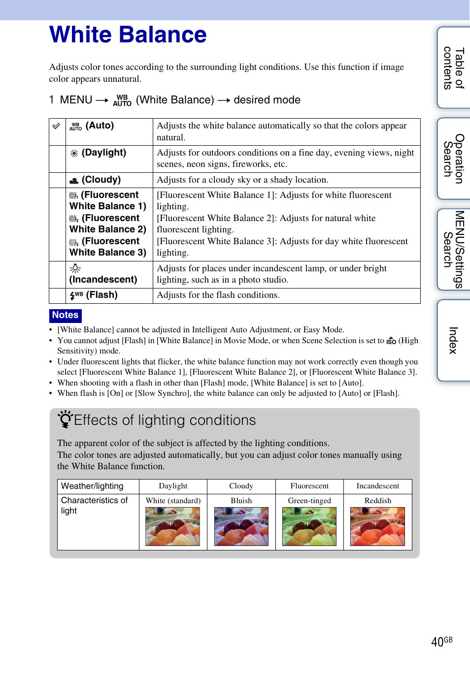 White balance, Effects of lighting conditions | Sony DSC-W330 User Manual | Page 40 / 104