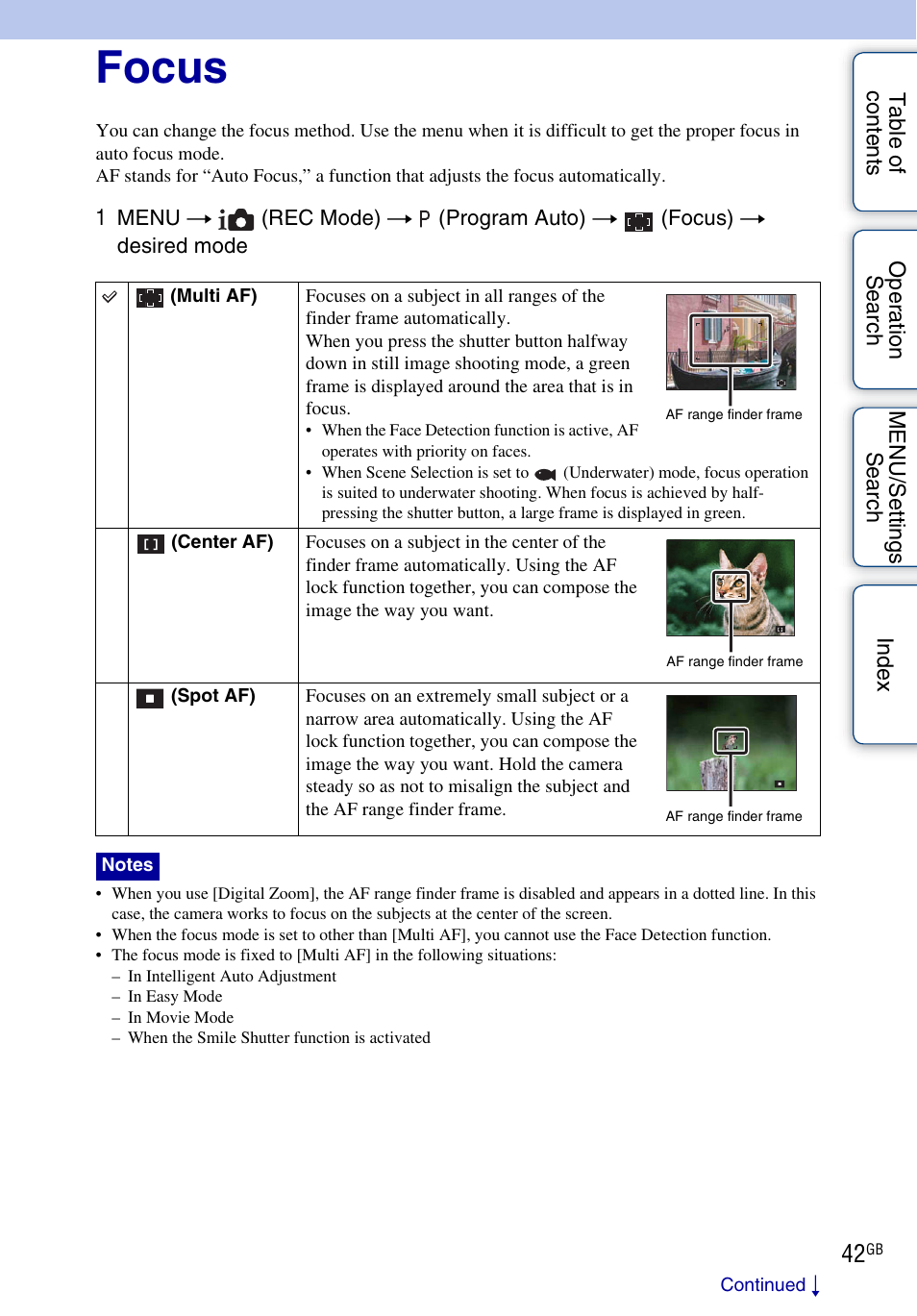 Focus | Sony DSC-W330 User Manual | Page 42 / 104