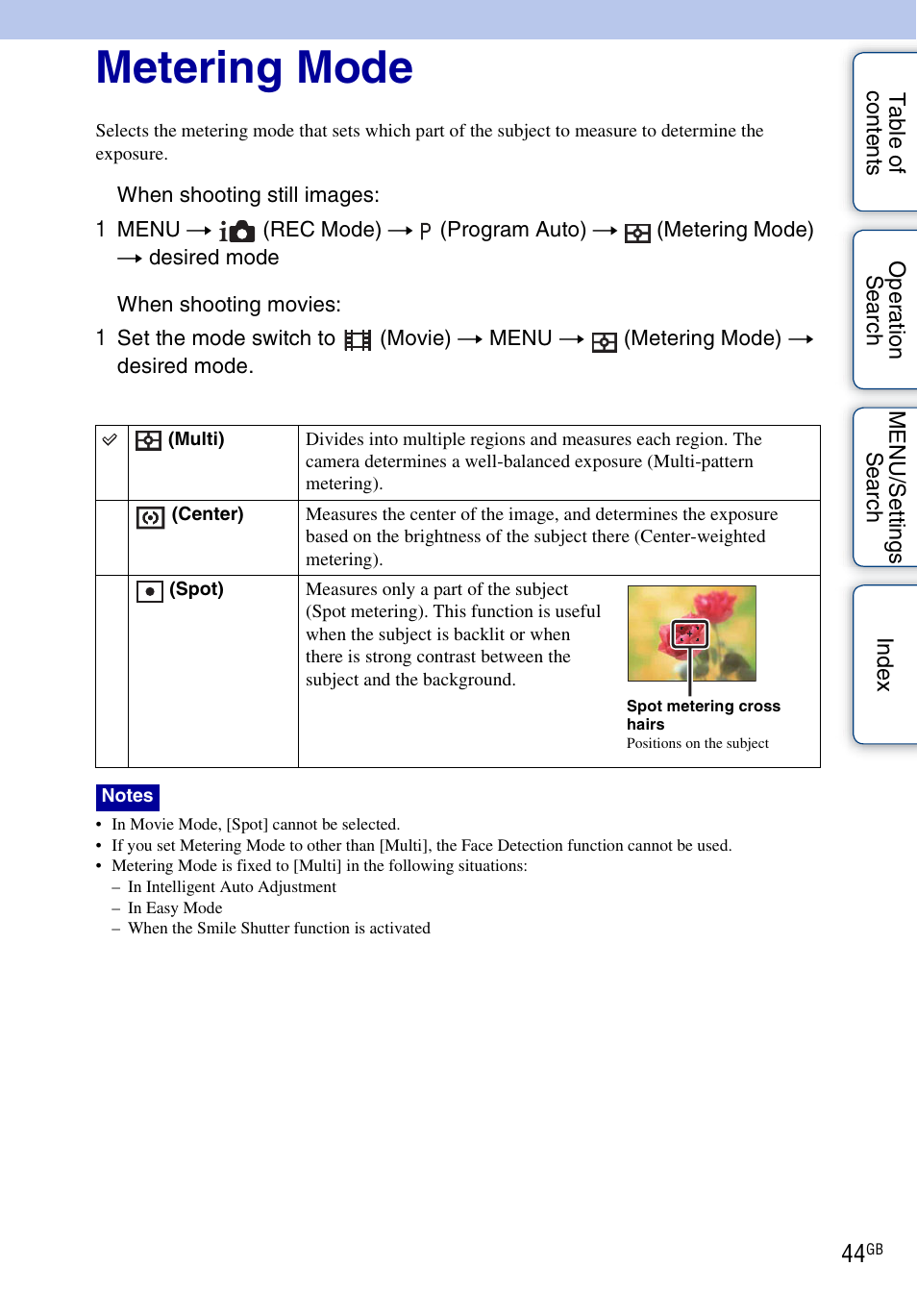 Metering mode | Sony DSC-W330 User Manual | Page 44 / 104