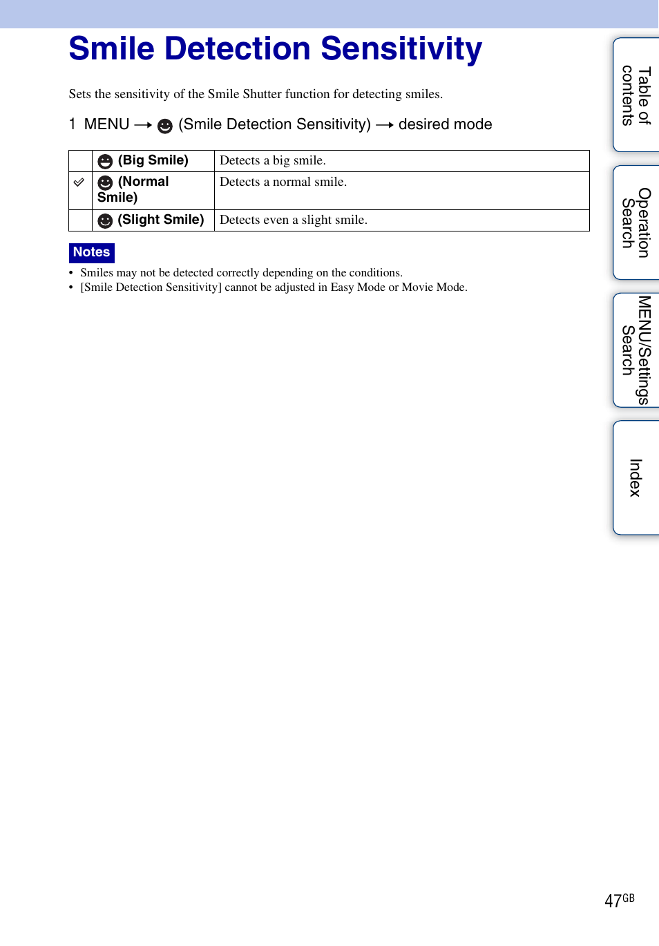 Smile detection sensitivity | Sony DSC-W330 User Manual | Page 47 / 104
