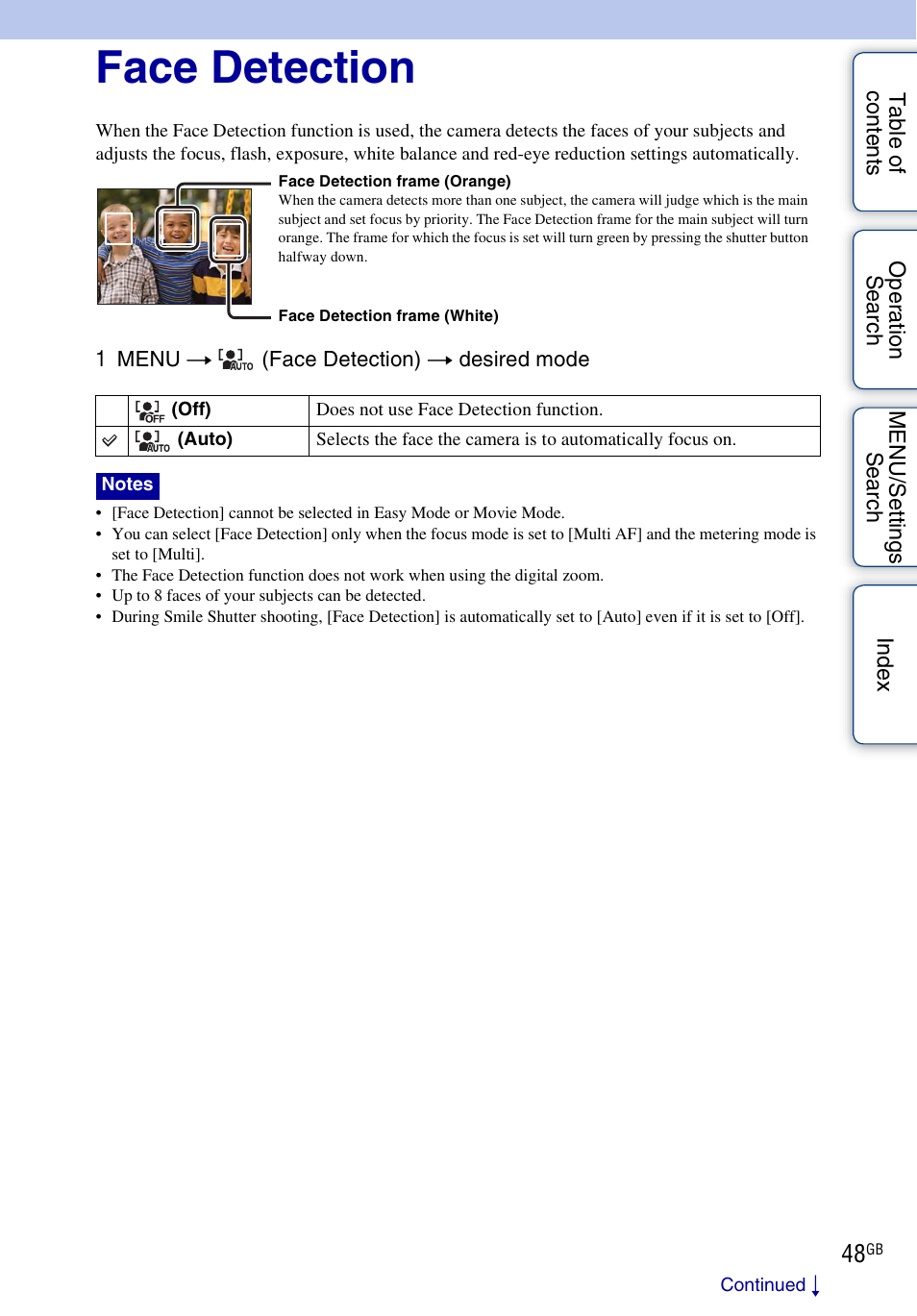 Face detection | Sony DSC-W330 User Manual | Page 48 / 104