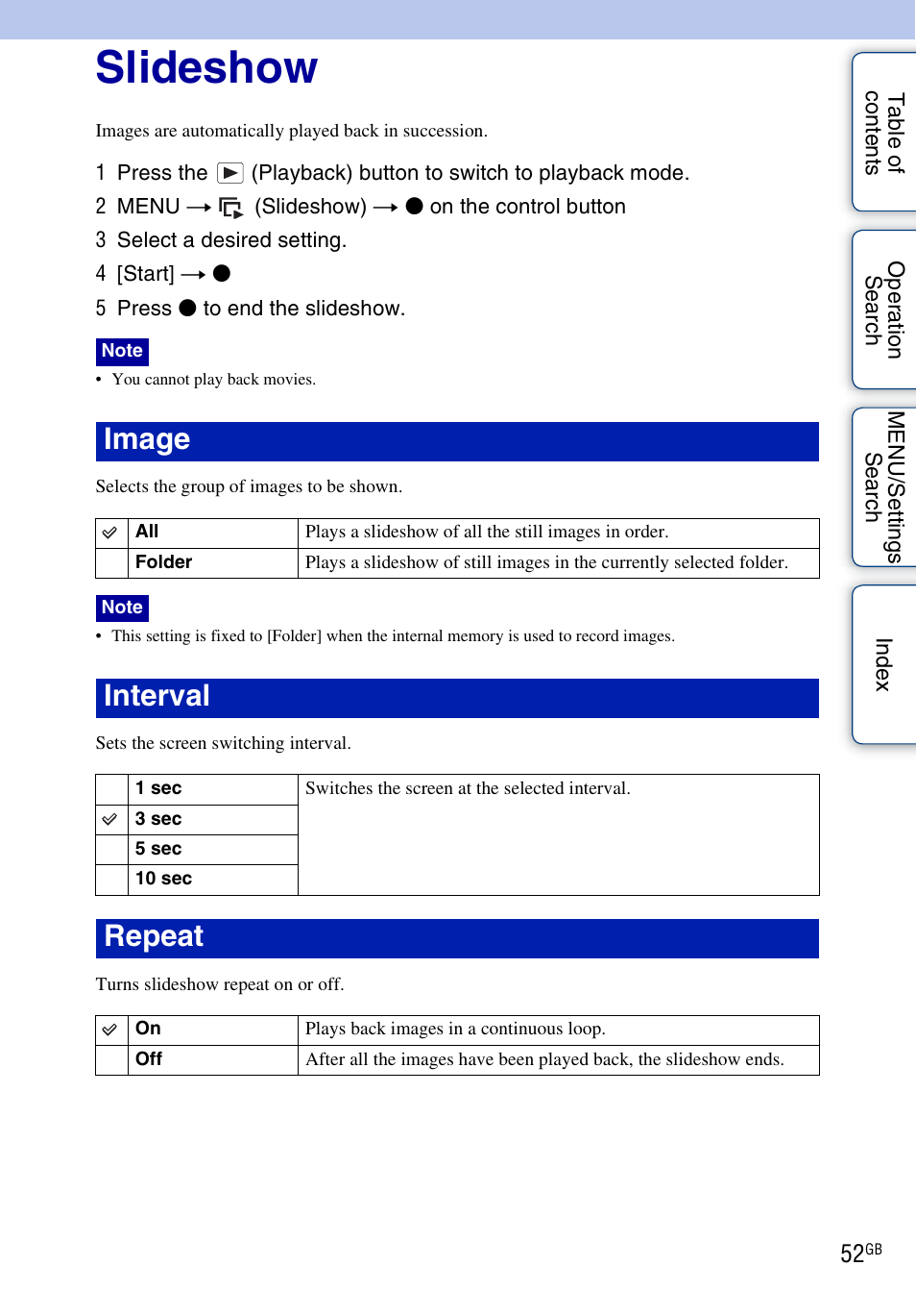 Slideshow, Slideshow), Image | Interval, Repeat | Sony DSC-W330 User Manual | Page 52 / 104